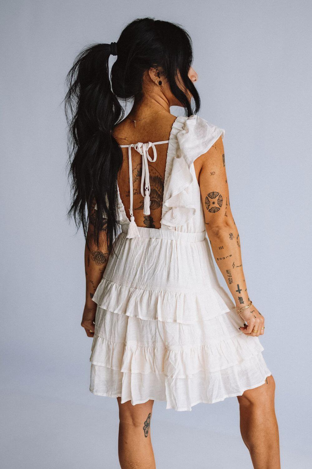 Hyfve Tiered Ruffle Back Tie Dress for Women in White