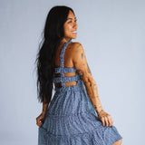 Open Back Elastic Band Mini Dress for Women in Blue Floral