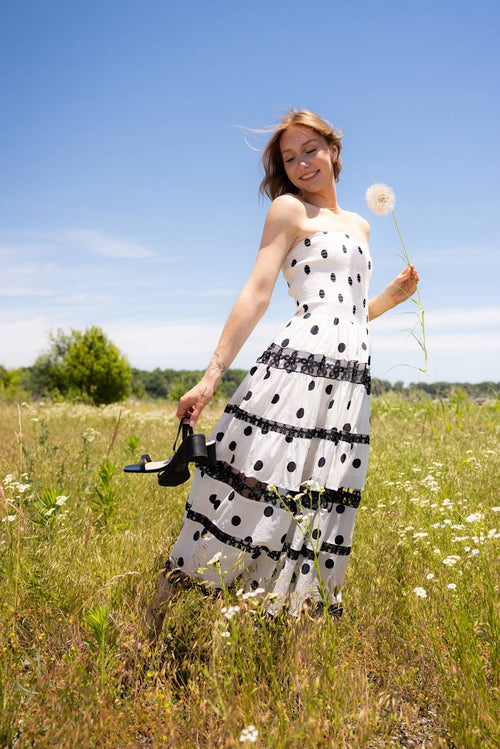 eyelet dress womens Strut & Bolt Polka Dot Strapless Midi for Women in White at Glik's , L modest button down dress Eyelet High Neck Mini Dress