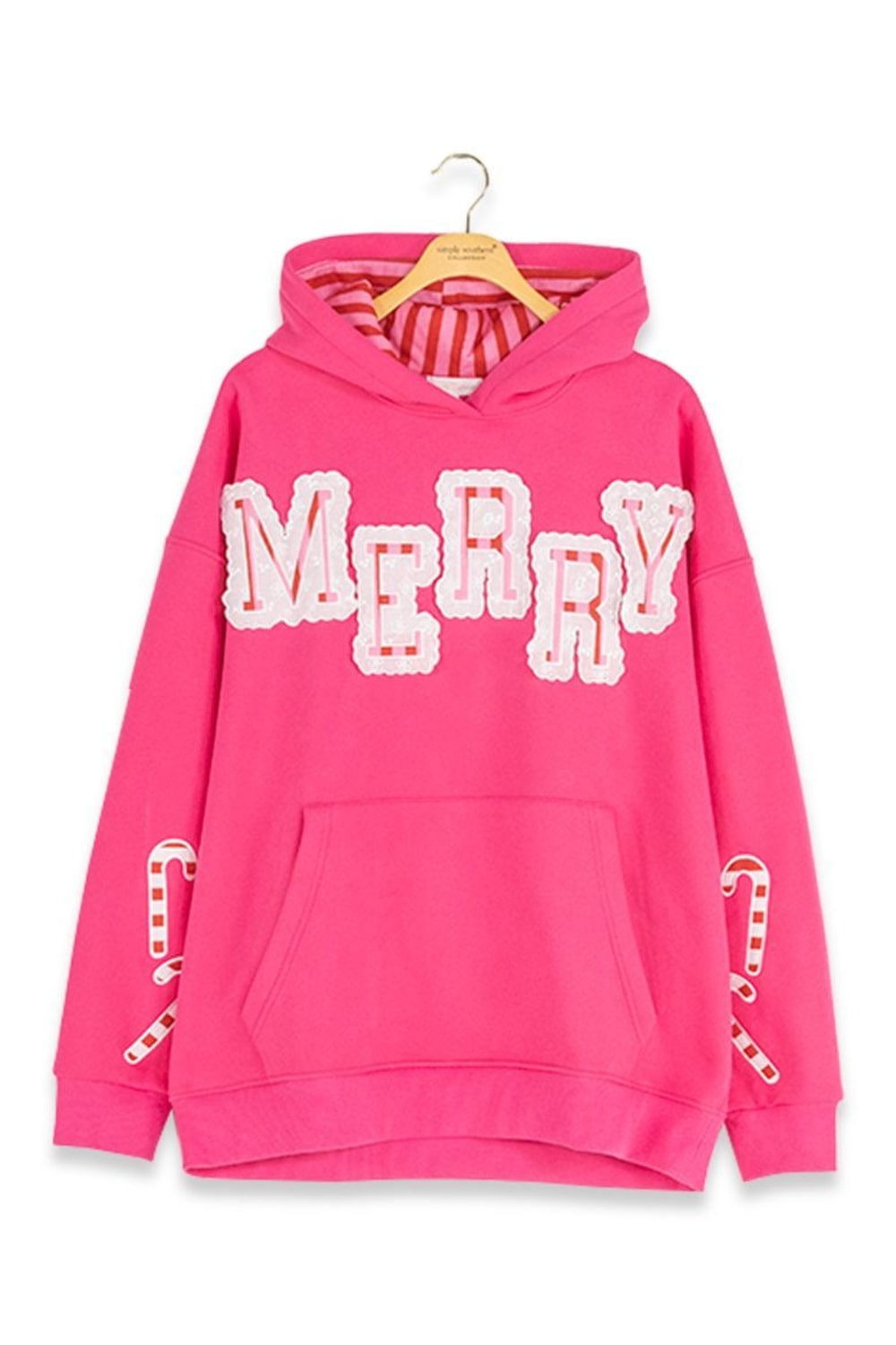 girls pink hoodie with merry applique detailing on the front 