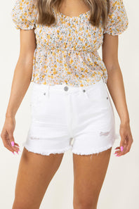 Eunina Lulu High Rise Fray Denim Shorts for Women in White