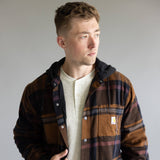 Carhartt Rugged Flex Flannel Fleece Lined Hooded Shirt Jacket for Men in Black/Brown 