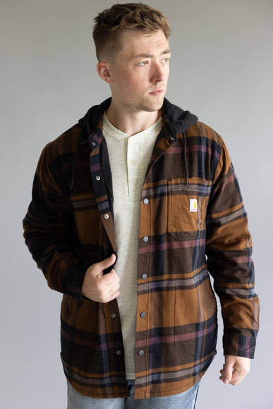 Carhartt Rugged Flex Flannel Fleece Lined Hooded Shirt Jacket for Men in Black/Brown 