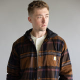 Carhartt Rugged Flex Flannel Fleece Lined Hooded Shirt Jacket for Men in Black/Brown 
