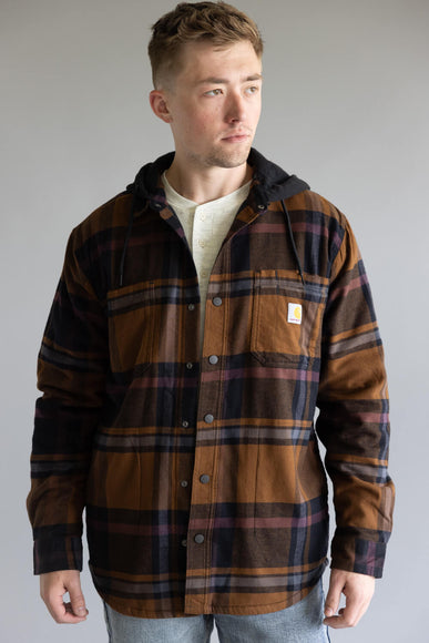 Carhartt Rugged Flex Flannel Fleece Lined Hooded Shirt Jacket for Men in Black/Brown 