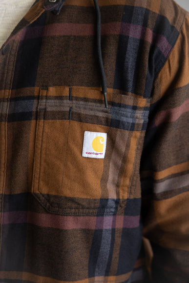Carhartt Rugged Flex Flannel Fleece Lined Hooded Shirt Jacket for Men in Black/Brown 