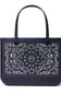 A navy blue tote bag featuring a large white paisley bandana print on the front panel and matching dark handles, shown against a plain white background.