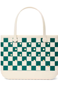 A structured tote bag with a green and cream checkerboard pattern accented by small white and gold dots, featuring cream-colored handles and base on a white background.