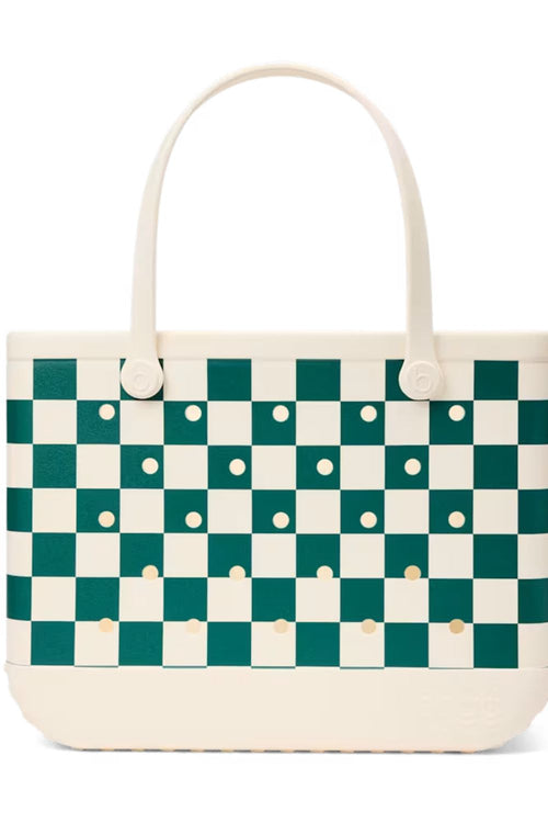 A structured tote bag with a green and cream checkerboard pattern accented by small white and gold dots, featuring cream-colored handles and base on a white background.