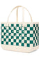 A structured tote bag featuring a green and cream checkerboard pattern with cream handles and a cream base, accented with small gold studs.