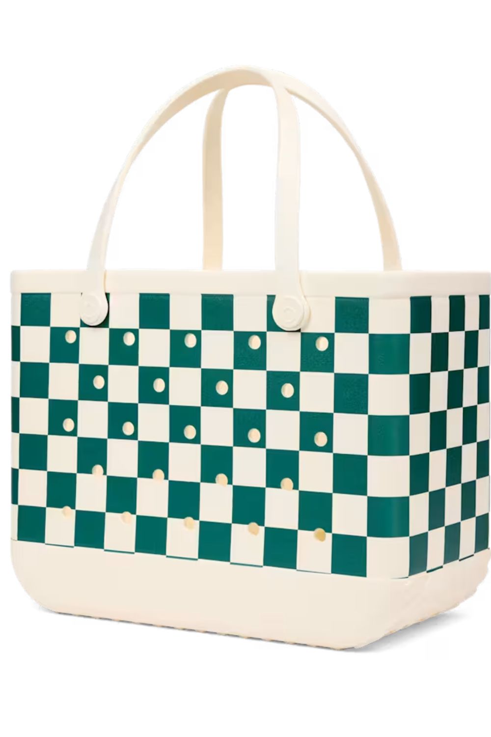 A structured tote bag featuring a green and cream checkerboard pattern with cream handles and a cream base, accented with small gold studs.