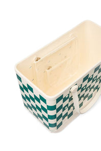 A rectangular plastic storage basket with a green and white checkerboard pattern on the exterior, a cream-colored interior, and a side handle, shown on a white background.