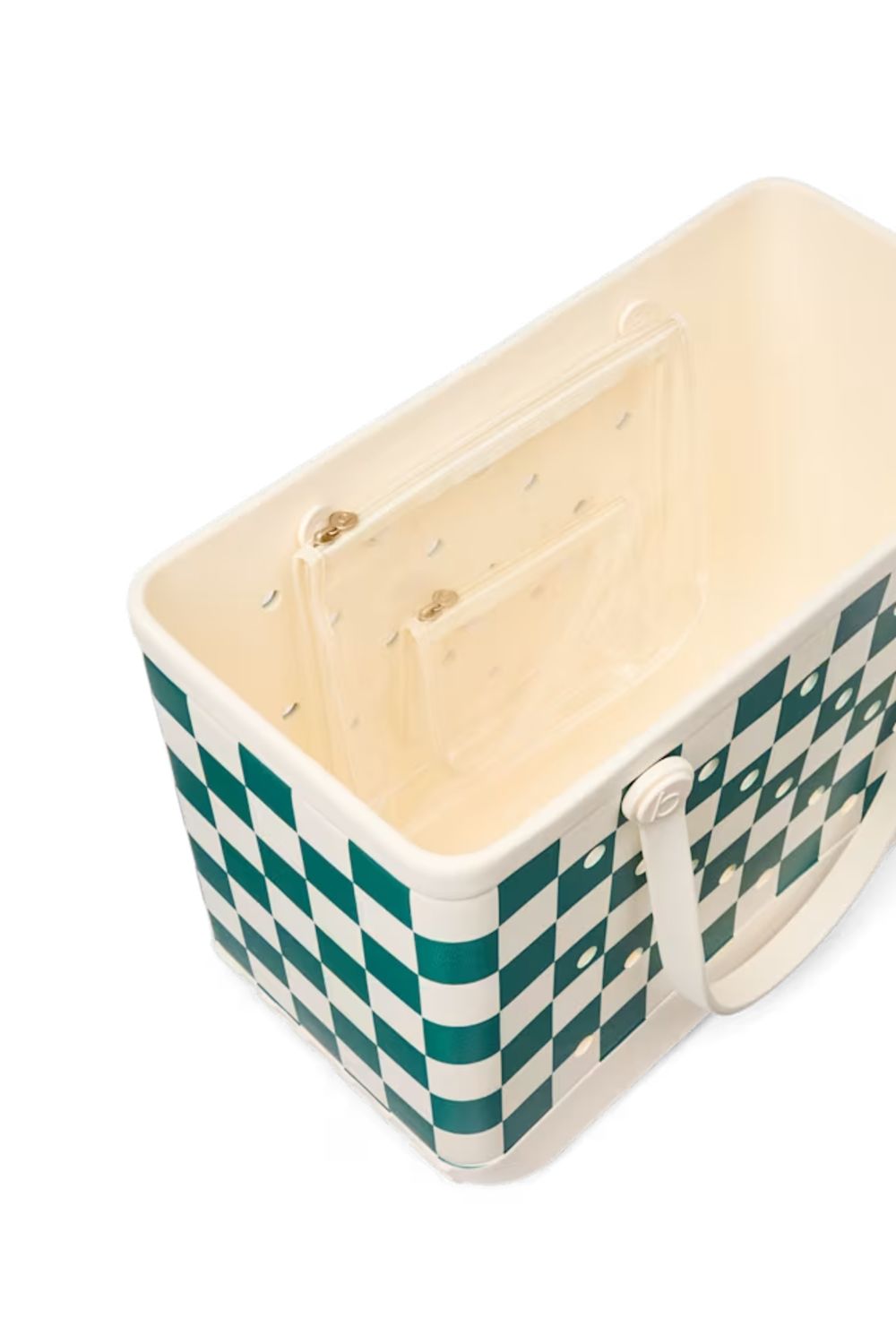 A rectangular plastic storage basket with a green and white checkerboard pattern on the exterior, a cream-colored interior, and a side handle, shown on a white background.