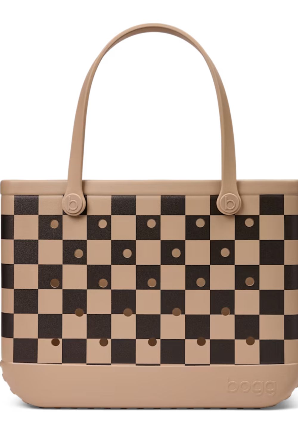 A Bogg brand tote bag featuring a beige and dark brown checkerboard pattern with matching beige handles and base, shown against a plain white background.