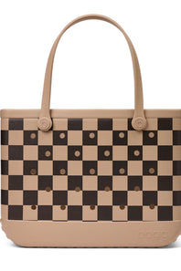 A Bogg brand tote bag featuring a beige and dark brown checkerboard pattern with matching beige handles and base, shown against a plain white background.
