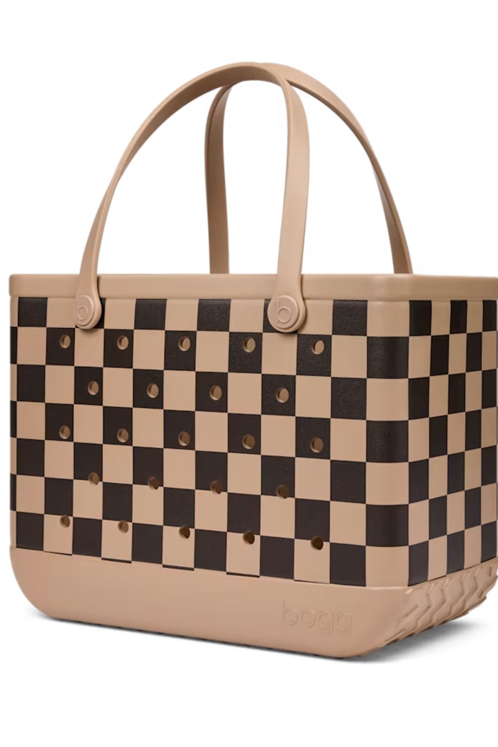 A structured tote bag featuring a black and beige checkerboard pattern with matching beige handles and a beige base, accented by small metallic studs.