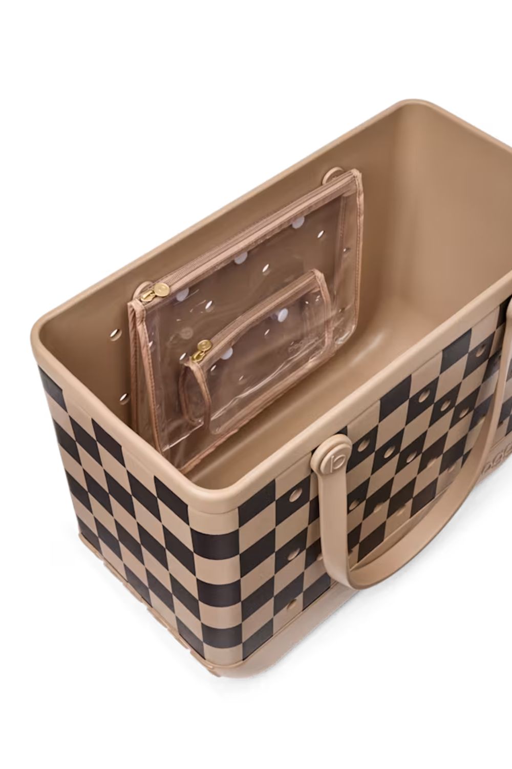 A beige tote bag with a black and beige checkerboard pattern, featuring a clear plastic zippered pouch with white polka dots inside, shown on a white background.