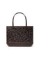 A brown tote bag with a dark brown and black leopard print pattern on the front, featuring solid brown handles and a matching brown base, shown against a plain white background.