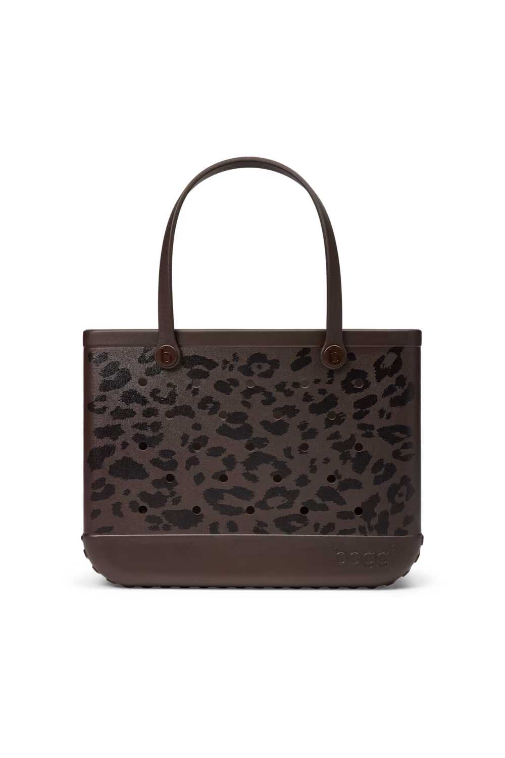 A brown tote bag with a dark brown and black leopard print pattern on the front, featuring solid brown handles and a matching brown base, shown against a plain white background.