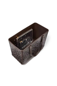 A dark brown leather tote bag with a black leopard print pattern, featuring dual top handles and a braided leather base, shown on a plain white background.