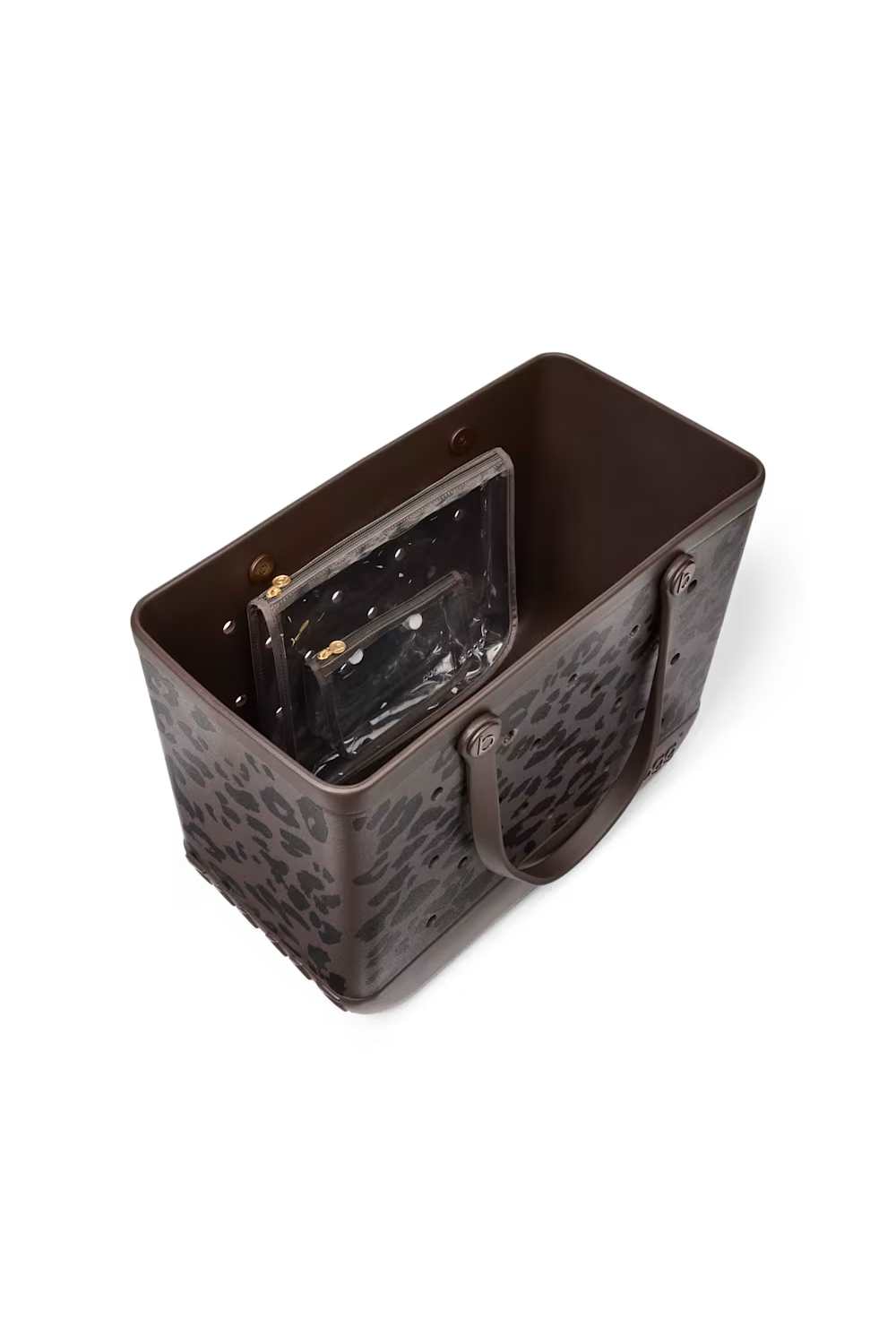 A dark brown leather tote bag with a black leopard print pattern, featuring dual top handles and a braided leather base, shown on a plain white background.