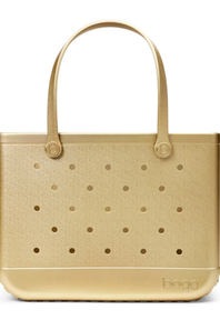 A metallic gold Bago tote bag with a perforated polka-dot pattern and dual top handles, shown against a plain white background.