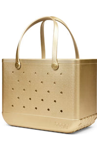 A metallic gold perforated plastic tote bag with dual top handles and a small embossed logo on the bottom right, shown on a plain white background.