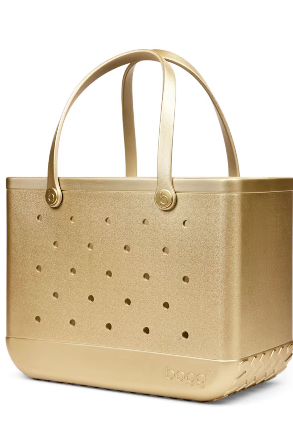 A metallic gold perforated plastic tote bag with dual top handles and a small embossed logo on the bottom right, shown on a plain white background.