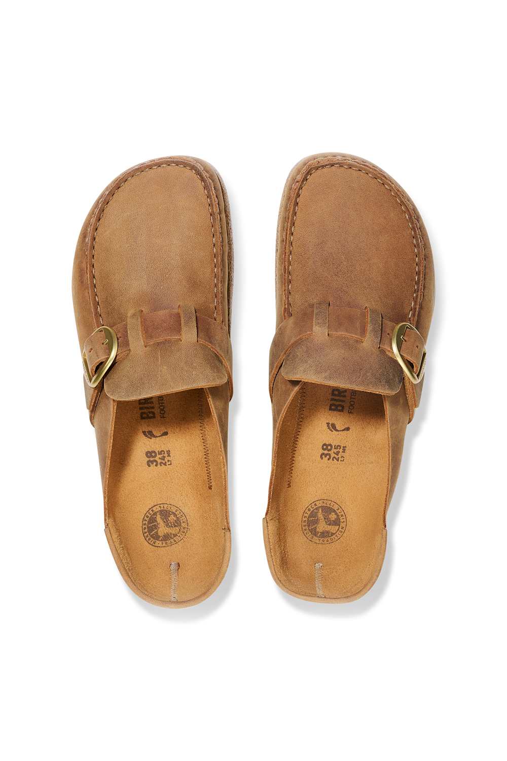 Oiled leather mule shoes with moccasin stitching 