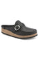 Leather clog style mule with a silver buckle and cork sole