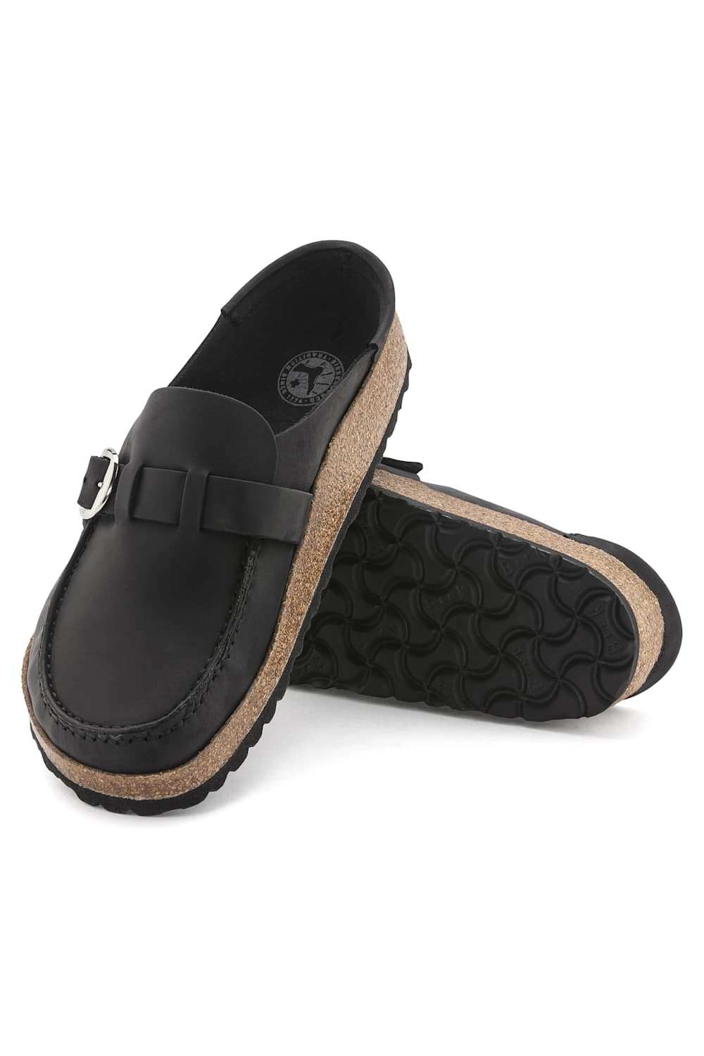 Leather clog style mule with a silver buckle and cork sole