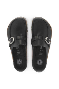 Leather clog style mule with a silver buckle and cork sole