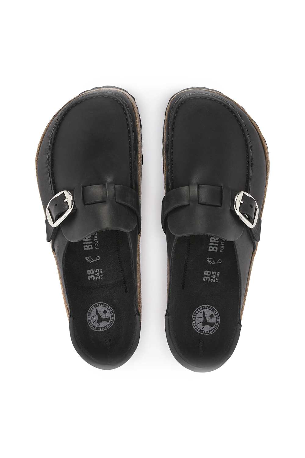 Leather clog style mule with a silver buckle and cork sole