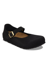 A single black Mary Jane style shoe with a strap and gold buckle, shown from a three-quarters angle on a white background.