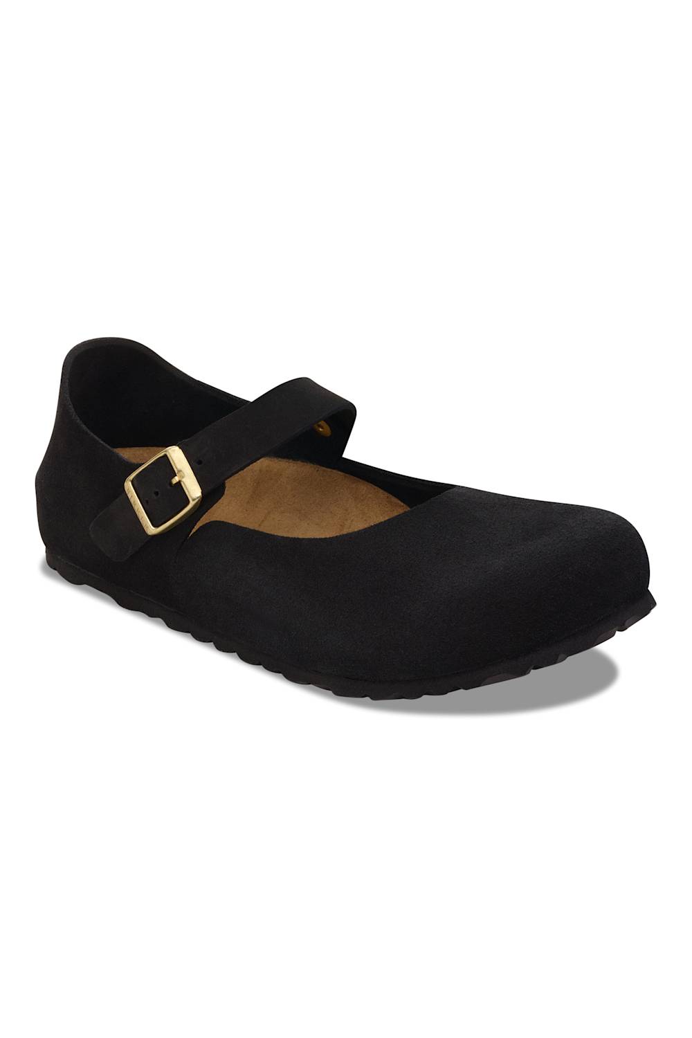 A single black Mary Jane style shoe with a strap and gold buckle, shown from a three-quarters angle on a white background.
