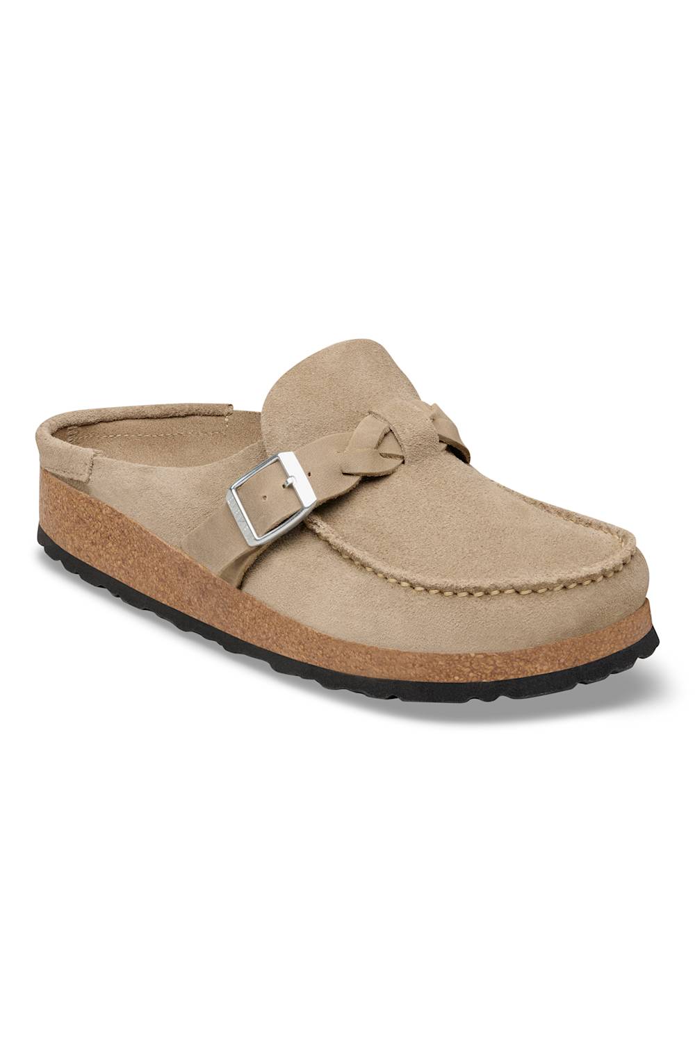 A single beige suede clog shoe with a silver buckle, tan cork midsole, and black outsole, shown on a plain white background.