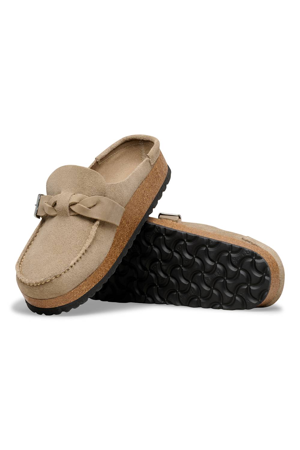 A pair of beige suede mule clogs with a cork-wrapped midsole and a black textured rubber outsole, shown against a plain white background.