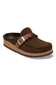 A dark brown suede clog shoe with a braided strap and a gold-tone buckle, featuring a cork-look midsole and dark outsole, shown on a white background.