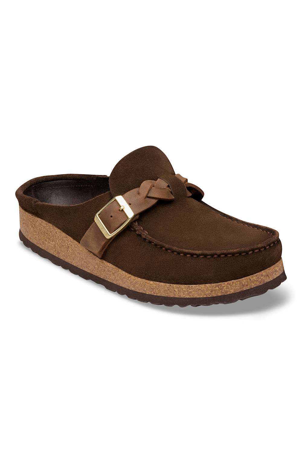 A dark brown suede clog shoe with a braided strap and a gold-tone buckle, featuring a cork-look midsole and dark outsole, shown on a white background.