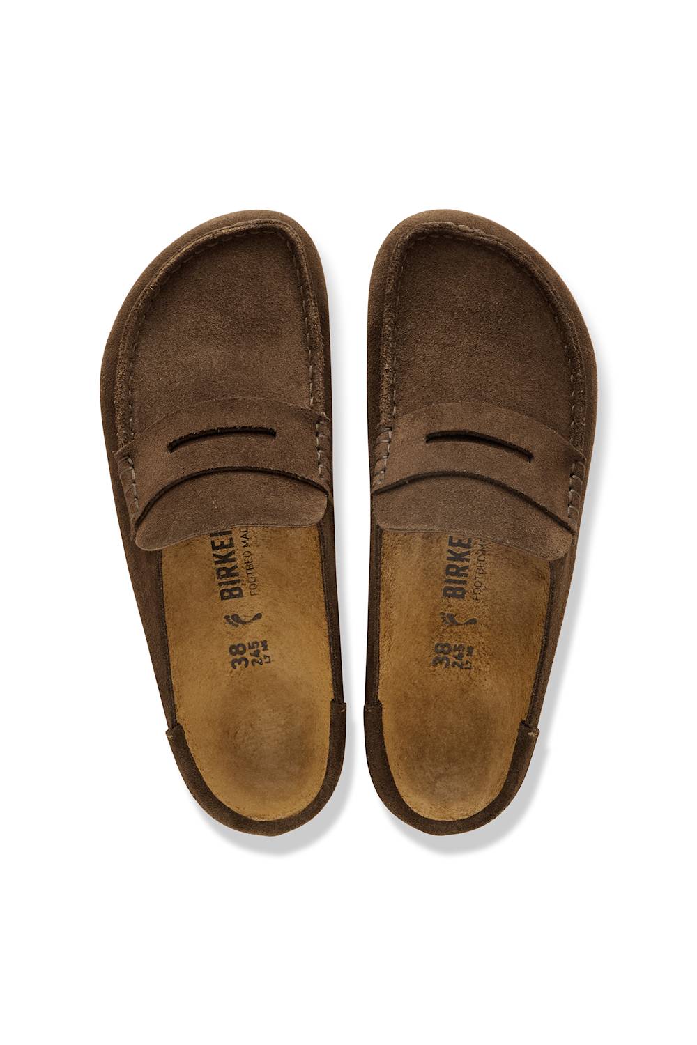 Pair of brown suede shoes with 'Birkenstock' branding on a white background