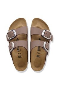 A pair of Birkenstock Arizona double-strap slide sandals in taupe faux leather with silver-tone buckles and a contoured cork footbed, shown from a top-down view on a white background.