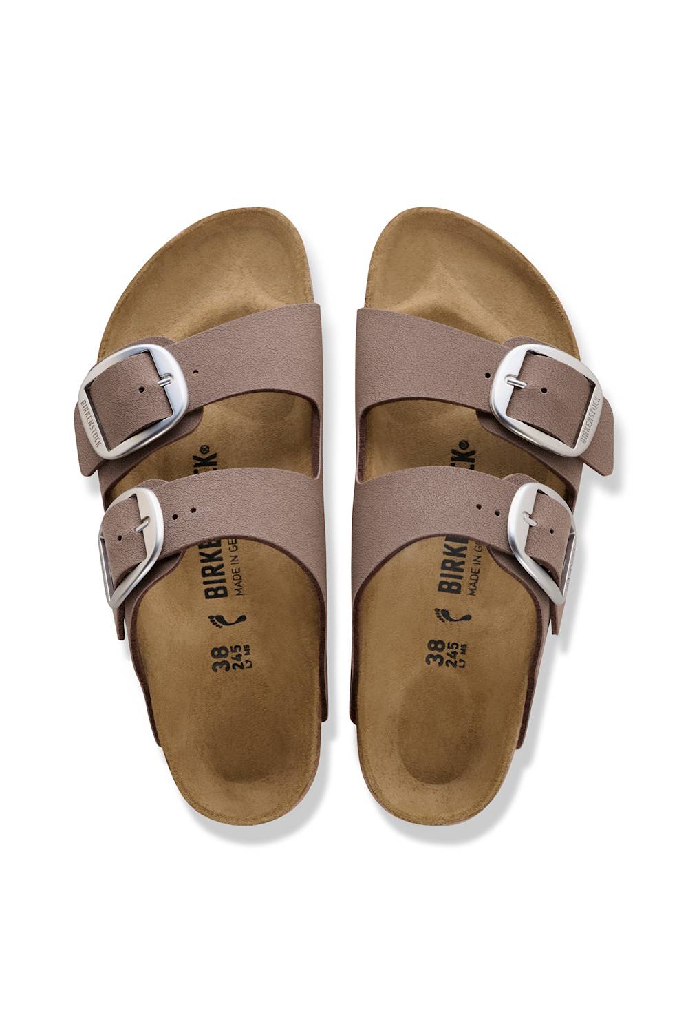 A pair of Birkenstock Arizona double-strap slide sandals in taupe faux leather with silver-tone buckles and a contoured cork footbed, shown from a top-down view on a white background.