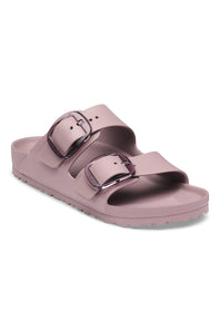 A single double-strap slide sandal in a dusty mauve pink color, featuring two wide straps with metallic rose gold buckles, shown on a plain white background.