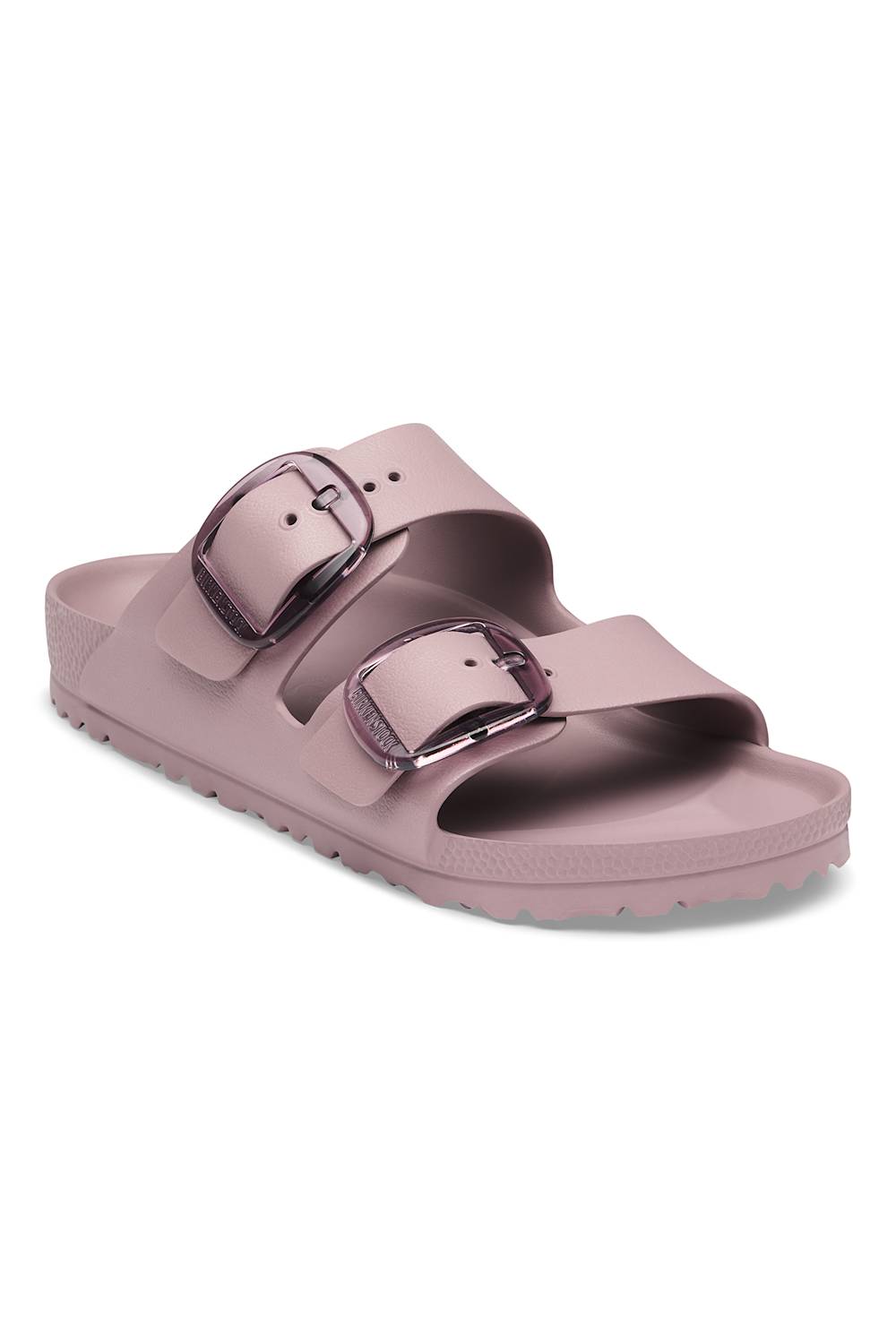 A single double-strap slide sandal in a dusty mauve pink color, featuring two wide straps with metallic rose gold buckles, shown on a plain white background.