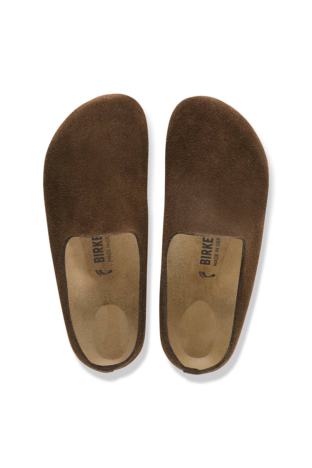 A pair of Birkenstock clogs shown from a top-down view, featuring a dark brown suede exterior and a tan insole with the Birkenstock logo.