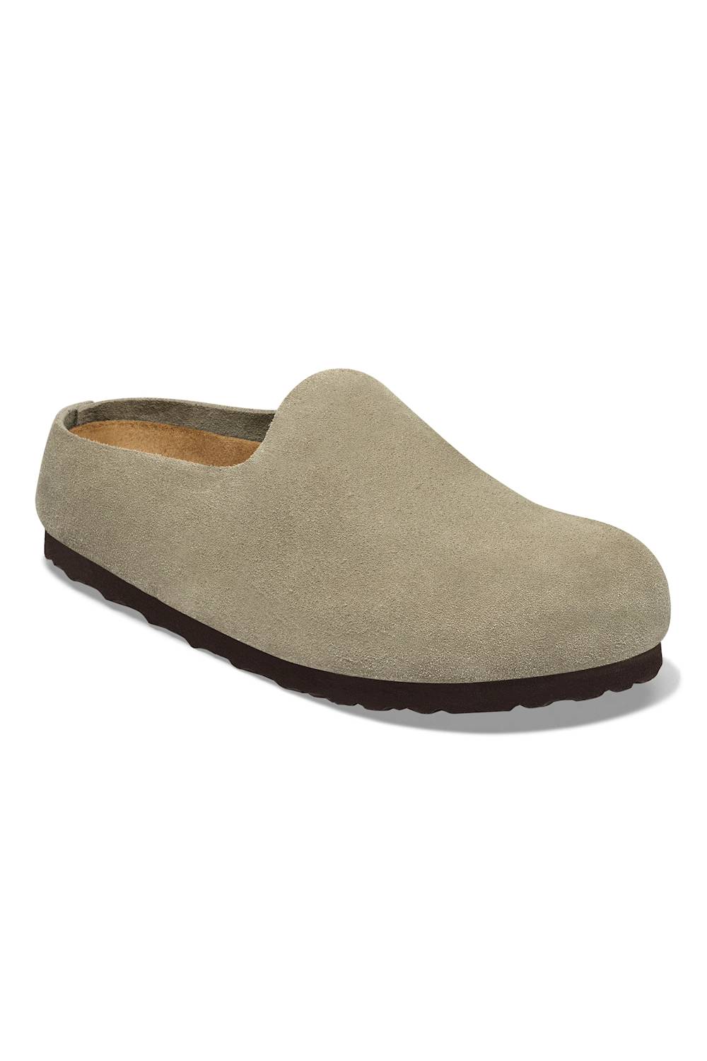 A single slip-on clog shoe in light taupe suede with a dark brown sole, shown from a three-quarters angle on a white background.