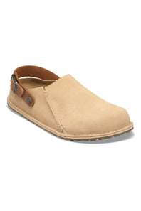 A light beige suede clog shoe with a brown leather strap and buckle closure, shown from a three-quarters angle on a white background.