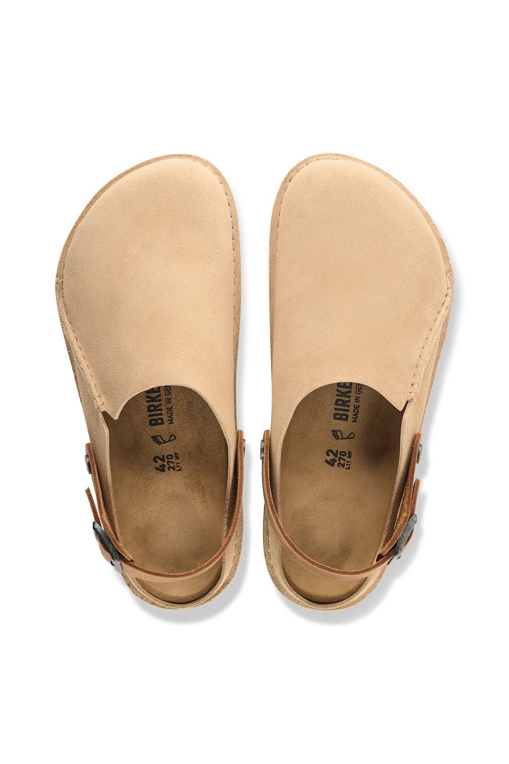 A pair of Birkenstock suede slip-on clogs in a light tan color, shown from a top-down view on a white background.