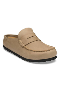 A single tan suede penny loafer slip-on shoe with a black sole, shown from a three-quarters angle on a white background.
