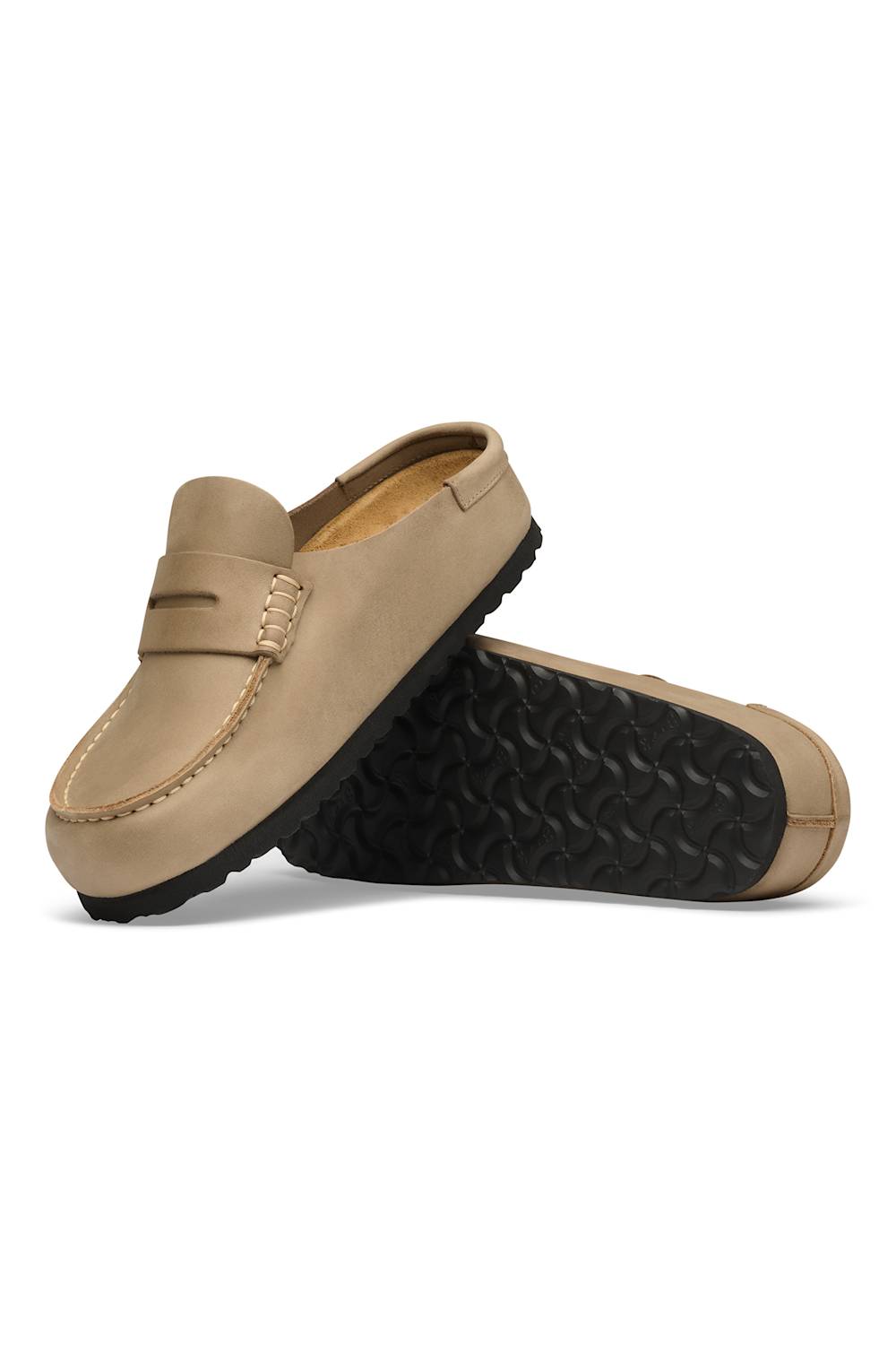 A pair of beige suede penny loafers with black treaded soles, shown on a clean white background.